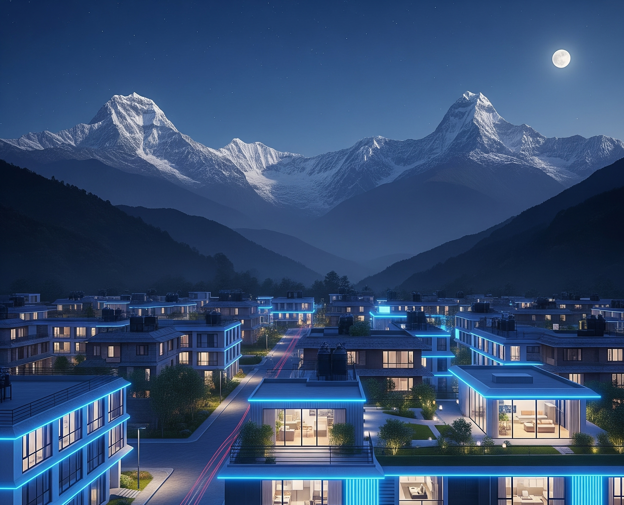 Futuristic Himalayan mountains with neon blue glowing ridges