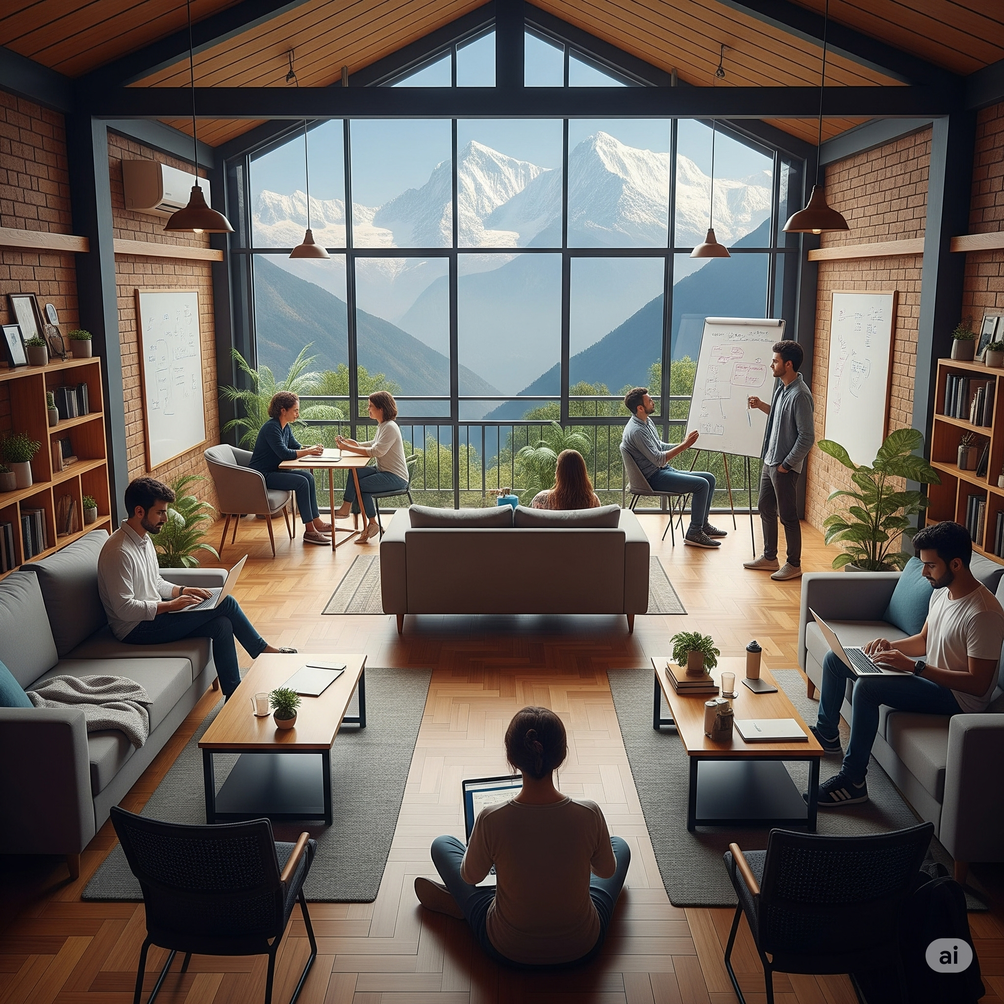 Modern co-working space in Nepal with panoramic mountain views, featuring collaborative work areas, exposed brick walls, and floor-to-ceiling windows overlooking snow-capped mountains